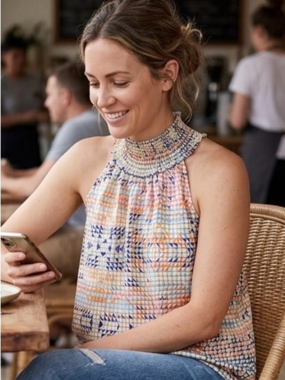 THML Smocked Halter Geometric Print Tank - Peach Blue Cream
